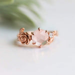 Twin Blooms | 14K Rose Quartz & Moissanite Botanical Ring - Emi Conner Jewelry 