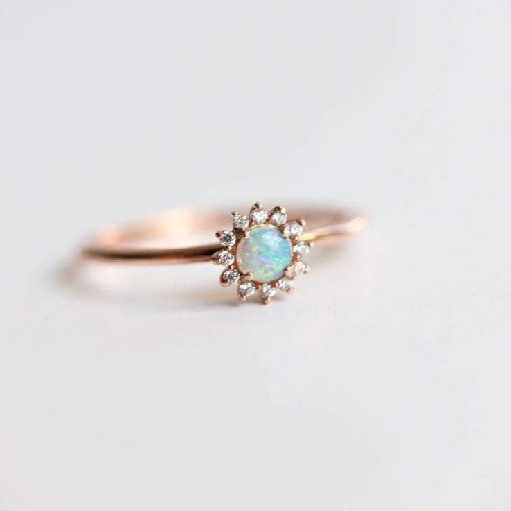 Annabell | 14K Australian Opal & Diamond Petite Halo Ring - Emi Conner Jewelry 