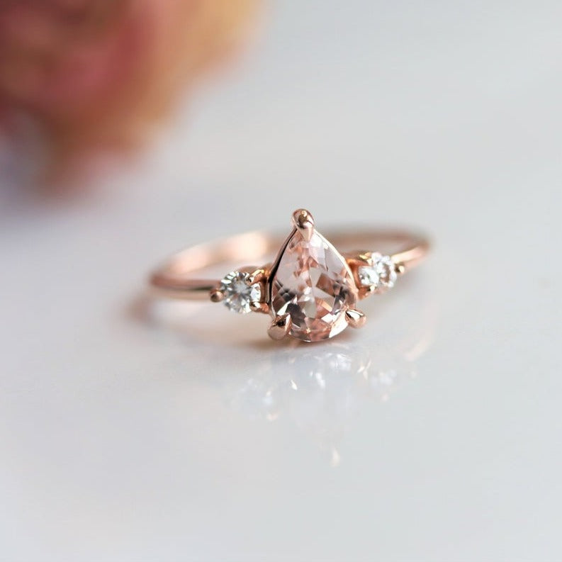 EVA | 3-Stone Pear Morganite and Diamond Ring - Emi Conner Jewelry 