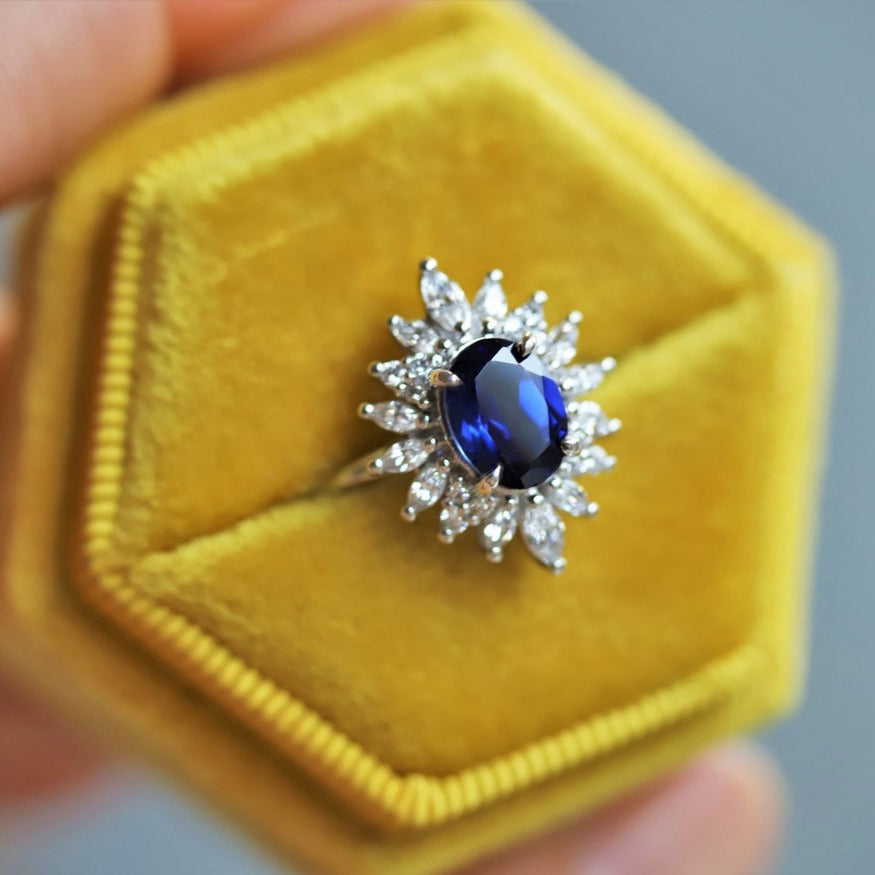 Lana | 14K Oval Lab Created Blue Sapphire and Diamond Fancy Halo Ring - Emi Conner Jewelry 