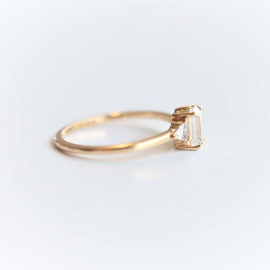 Alexis | 14K Emerald Cut Moissanite & Triangle Moissanite Ring - Emi Conner Jewelry 