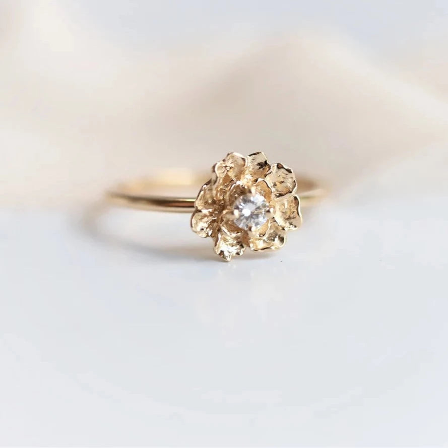 Peony No.2 | 14K Gold White Sapphire Peony Ring - Emi Conner Jewelry 