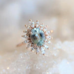 Lana | 14K Oval Aquamarine & Diamond Fancy Halo Luxury Ring - Emi Conner Jewelry 