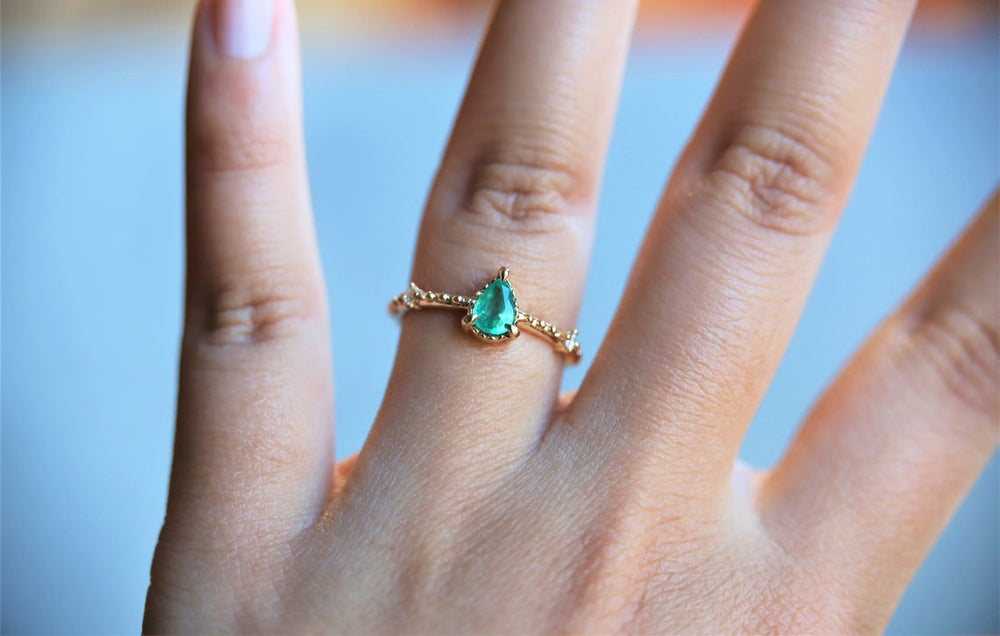 Chelsea - 14K Pear Zambian Emerald & Diamond Accent Ring - Emi Conner Jewelry 