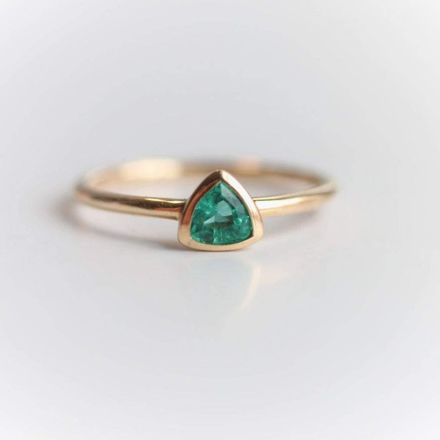 Mya | 14K Bezel Set Trillion Zambian Emerald Solitaire Ring - Emi Conner Jewelry 