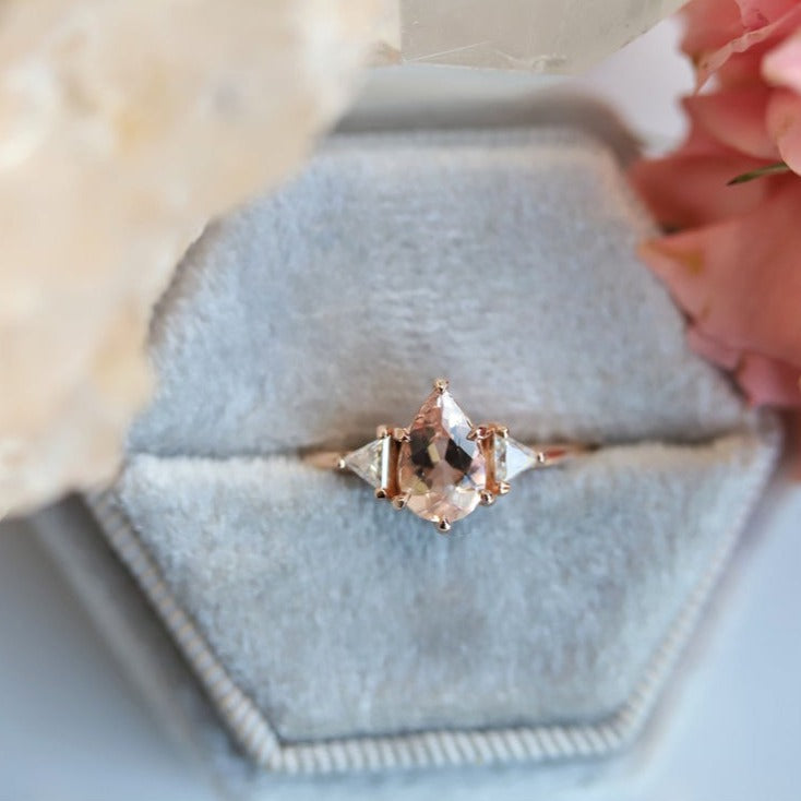 Alexis | Pear Morganite & Triangle Moissanite Ring - Emi Conner Jewelry 