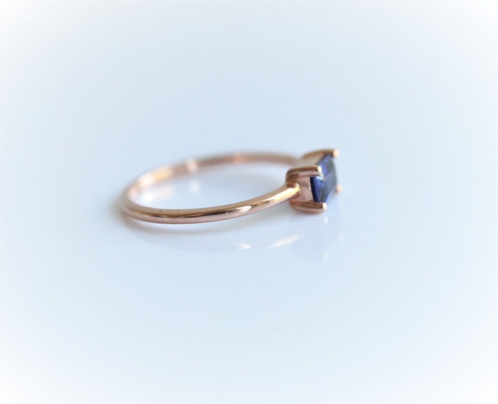 EVA | 14K 0.4 ct. Emerald Cut Lab Created Blue East West Solitaire Ring - Emi Conner Jewelry 