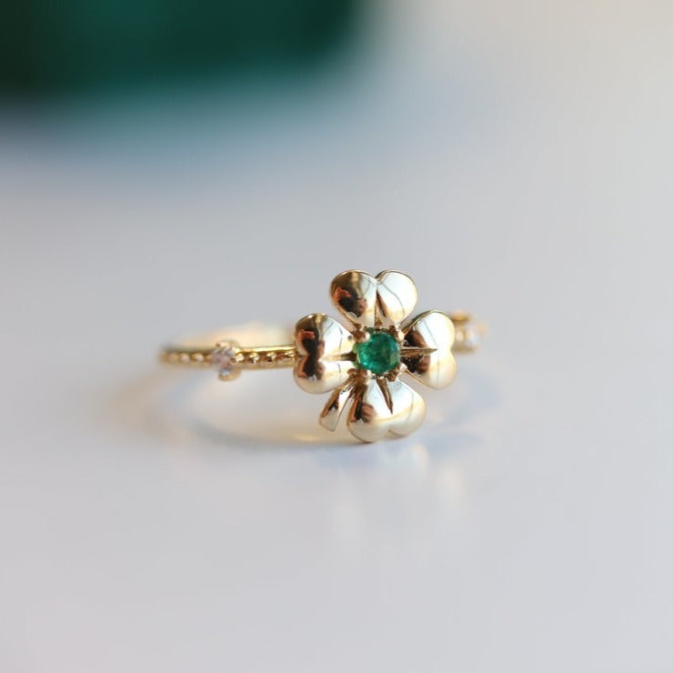 14K Four Leaf Clover Emerald and Diamond Stacking Ring - Emi Conner Jewelry 