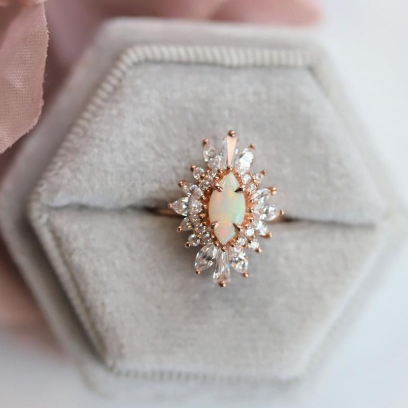 Lena | 14K Marquise Australian opal & CZ Fancy Halo Ring - Emi Conner Jewelry 
