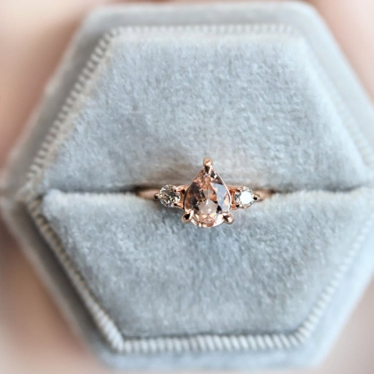 EVA | 3-Stone Pear Morganite and Diamond Ring - Emi Conner Jewelry 
