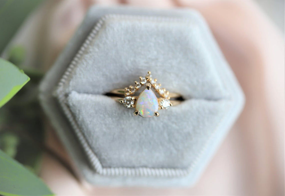 EVA | 14K Side Stone Pear Australian Opal & Diamond Ring - Emi Conner Jewelry 