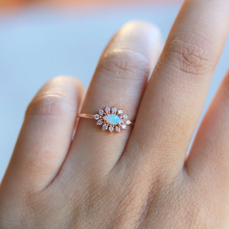 Daniella | 14K Australian Opal & Diamond Petite Halo Ring - Emi Conner Jewelry 