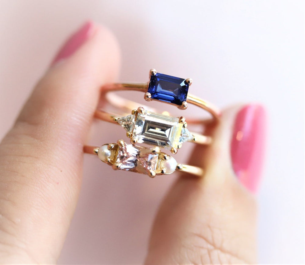 EVA | 14K 0.4 ct. Emerald Cut Lab Created Blue East West Solitaire Ring - Emi Conner Jewelry 