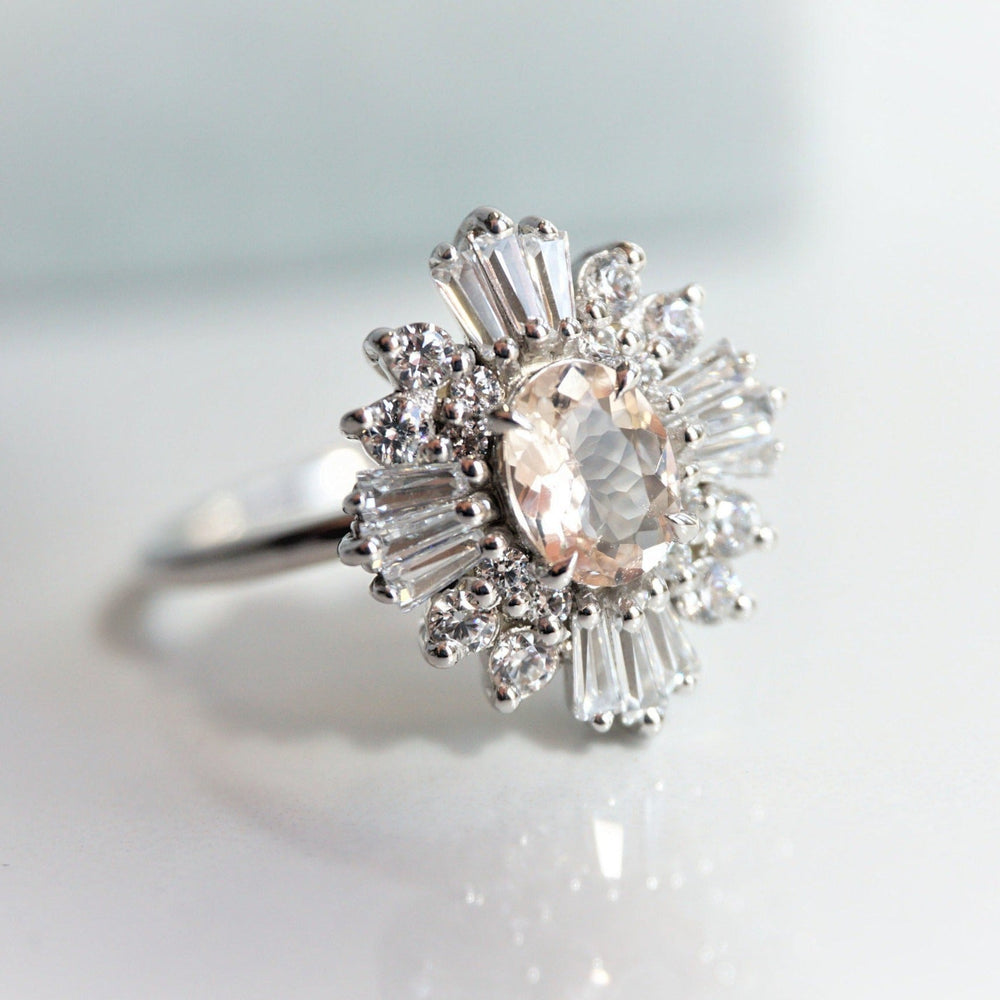 Victoria | 14K Morganite & Diamond Fancy Halo Luxury Ring - Emi Conner Jewelry 