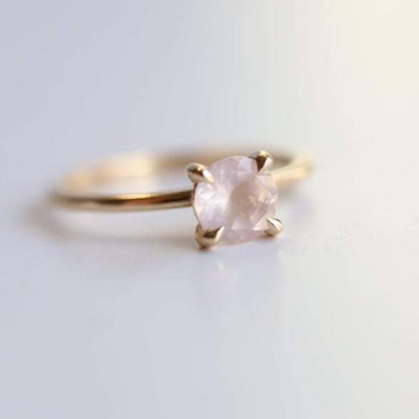 ALVA l 0.7 ct Round Rose Quartz Dainty Solitaire Ring In Smooth and Shiny Finish - Emi Conner Jewelry 