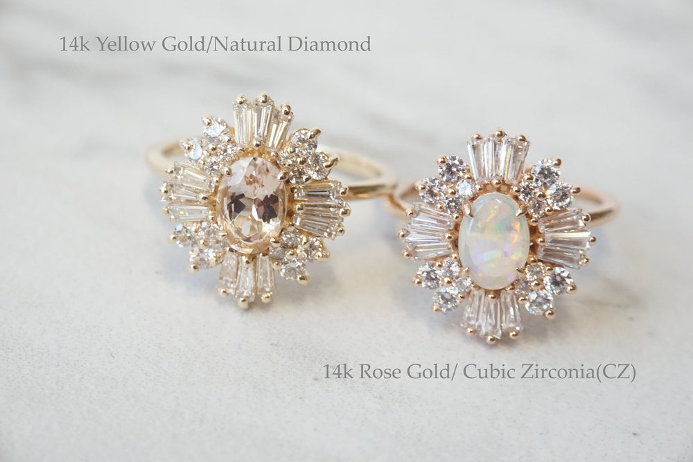 Victoria | 14K Morganite & Diamond Fancy Halo Luxury Ring - Emi Conner Jewelry 