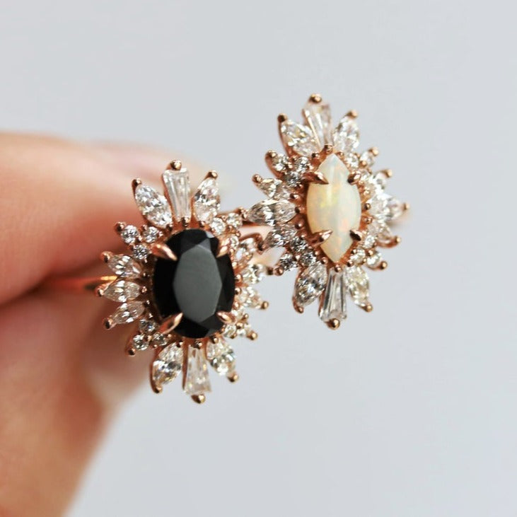 Liana | 14K Oval Black Onyx & CZ Fancy Halo Ring - Emi Conner Jewelry 
