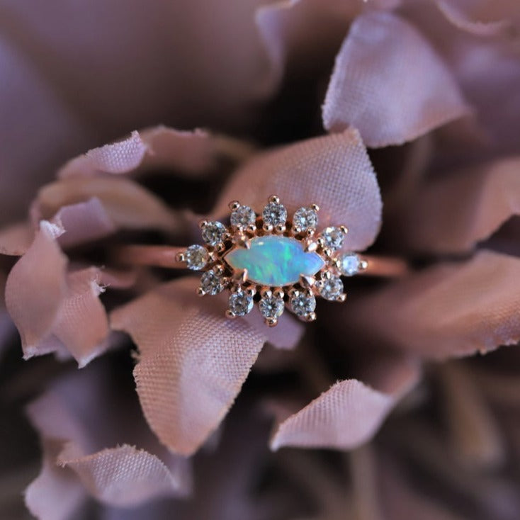 Daniella | 14K Australian Opal & Diamond Petite Halo Ring - Emi Conner Jewelry 