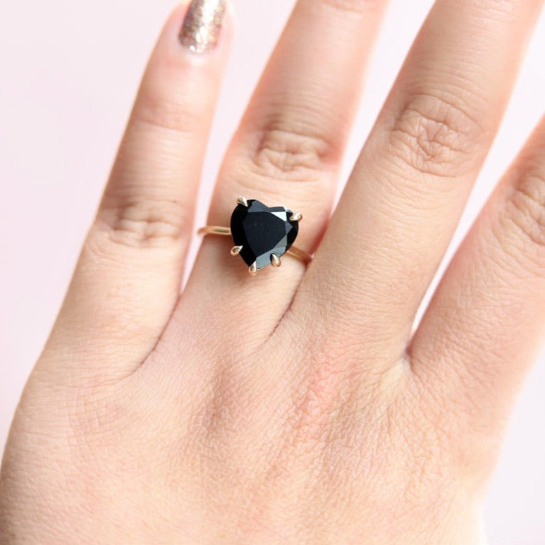 Dainty Onyx Love Ring with Heart and Diamond Accent 10k Gold Love