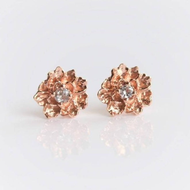 PEONY NO.2 | 14K PEONY with White Sapphire Stud Earrings - Emi Conner Jewelry 