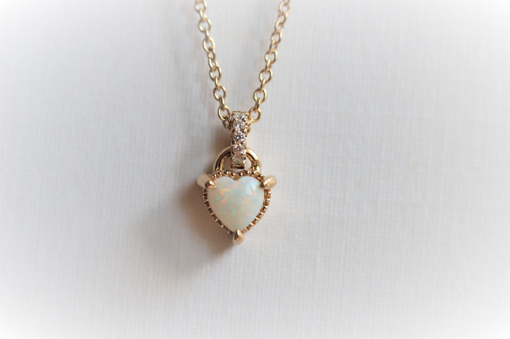 Ariya | 5 mm Heart Australian Opal With Pave' Diamond Bail Necklace in 14K - Emi Conner Jewelry 