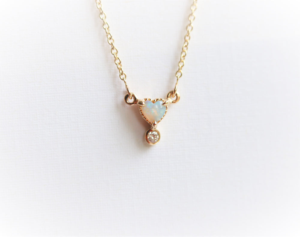 Ariya | 4 mm Heart Australian Opal and Bezel Set Diamond Drop in 14K - Emi Conner Jewelry 