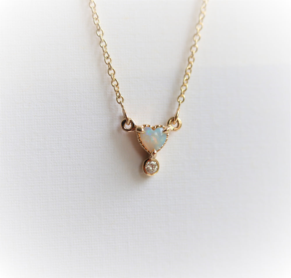 Ariya | 4 mm Heart Australian Opal and Bezel Set Diamond Drop in 14K - Emi Conner Jewelry 