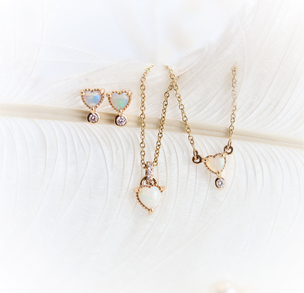 Ariya | 4 mm Heart Australian Opal and Bezel Set Diamond Drop in 14K - Emi Conner Jewelry 