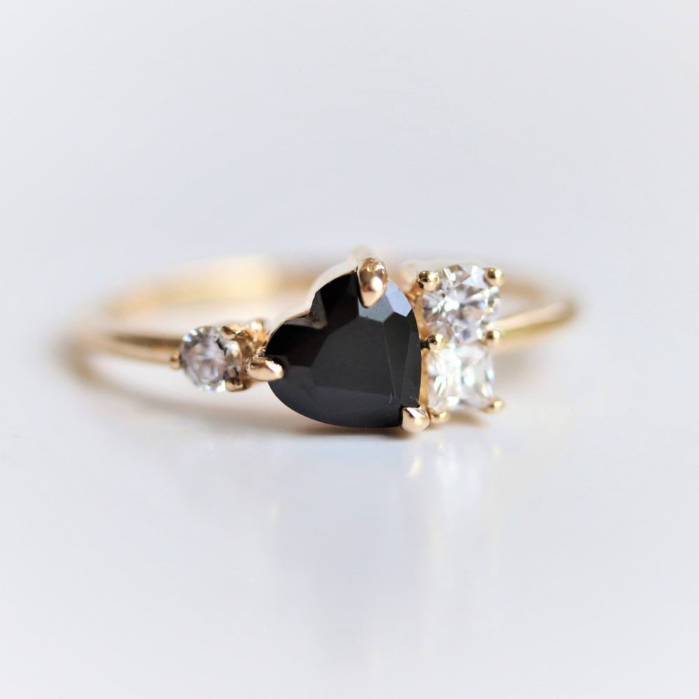 Brie | 14K Heart Black Onyx & Moissanite Cluster Ring - Emi Conner Jewelry 