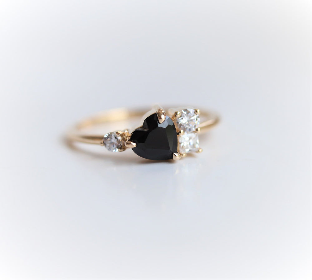 Brie | 14K Heart Black Onyx & Moissanite Cluster Ring - Emi Conner Jewelry 
