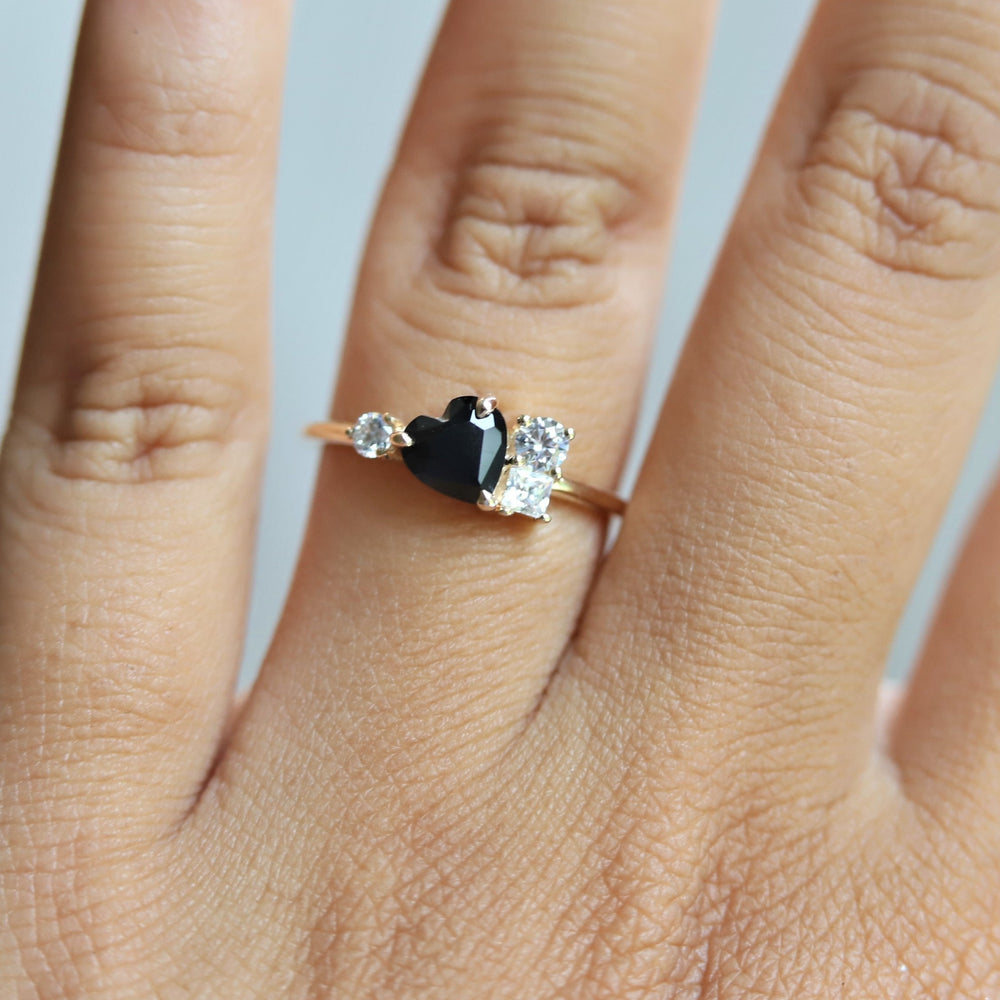 Brie | 14K Heart Black Onyx & Moissanite Cluster Ring - Emi Conner Jewelry 