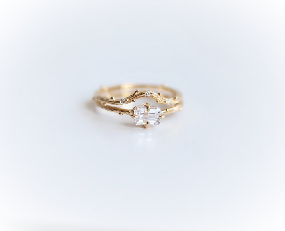 Acacia | 6 x 4 mm Emerald Cut Moissanite Twig Engagement Ring - Emi Conner Jewelry 