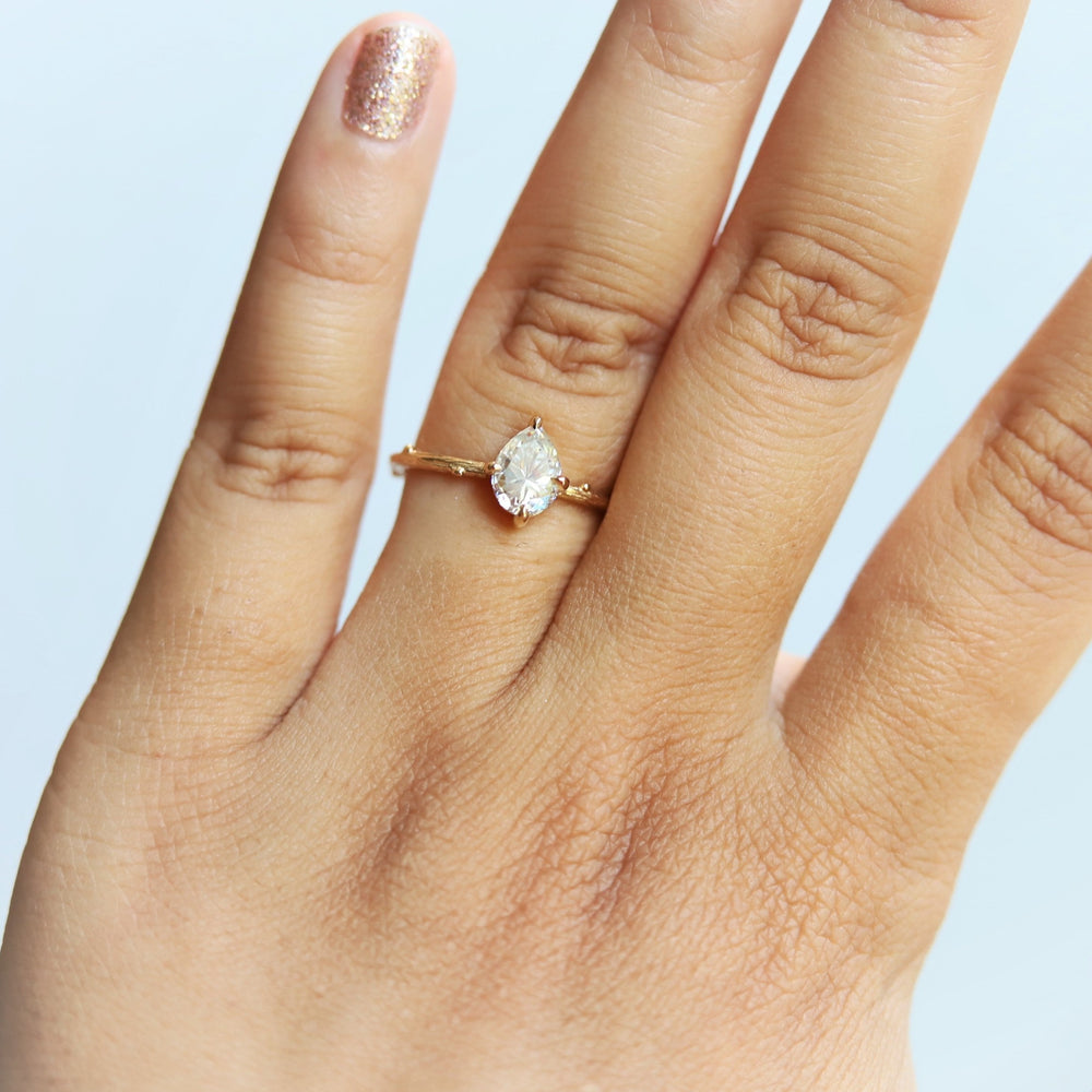 Acacia | 7x5 mm Pear Cut Moissanite Twig Engagement Ring - Emi Conner Jewelry 