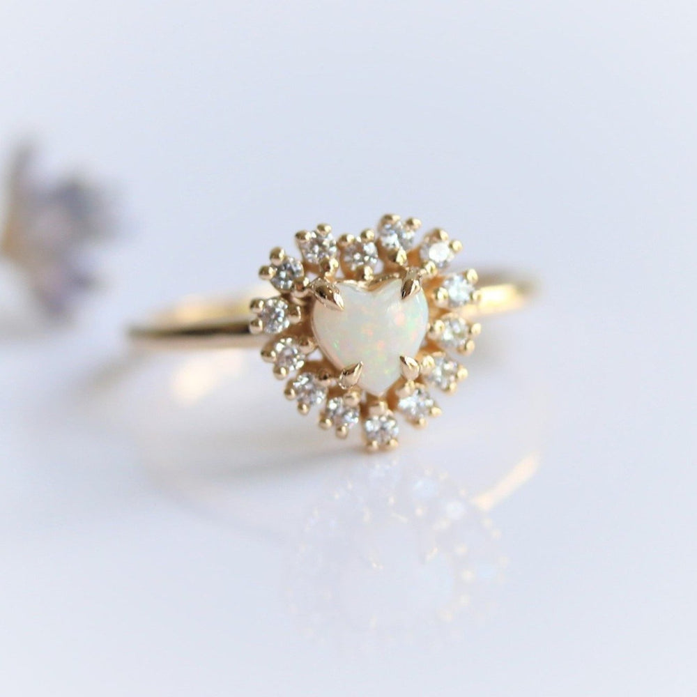 Emma | 14K Heart Australian Opal & Diamond Halo Ring - Emi Conner Jewelry 