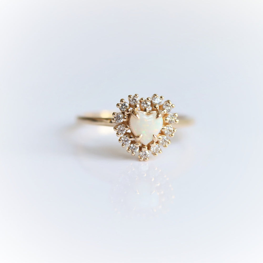 Emma | 14K Heart Australian Opal & Diamond Halo Ring - Emi Conner Jewelry 