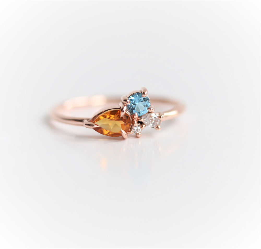 Bella | 14K Citrine, Swiss Blue Topaz and Diamond Mini Cluster ring - Emi Conner Jewelry 