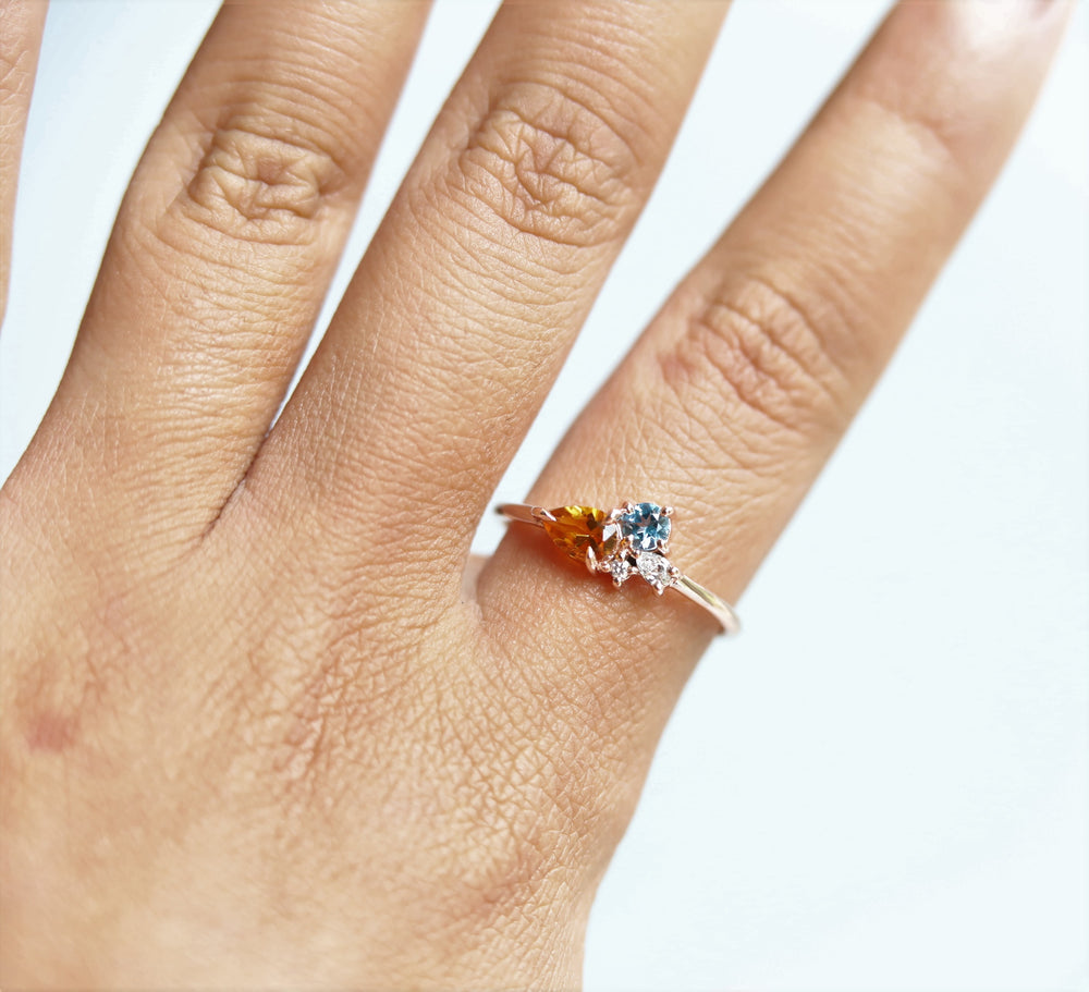 Bella | 14K Citrine, Swiss Blue Topaz and Diamond Mini Cluster ring - Emi Conner Jewelry 