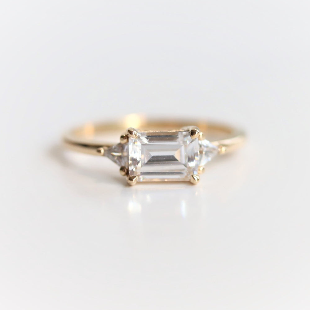 Alexis | 14K Emerald Cut Moissanite & Triangle Moissanite East West Ring - Emi Conner Jewelry 