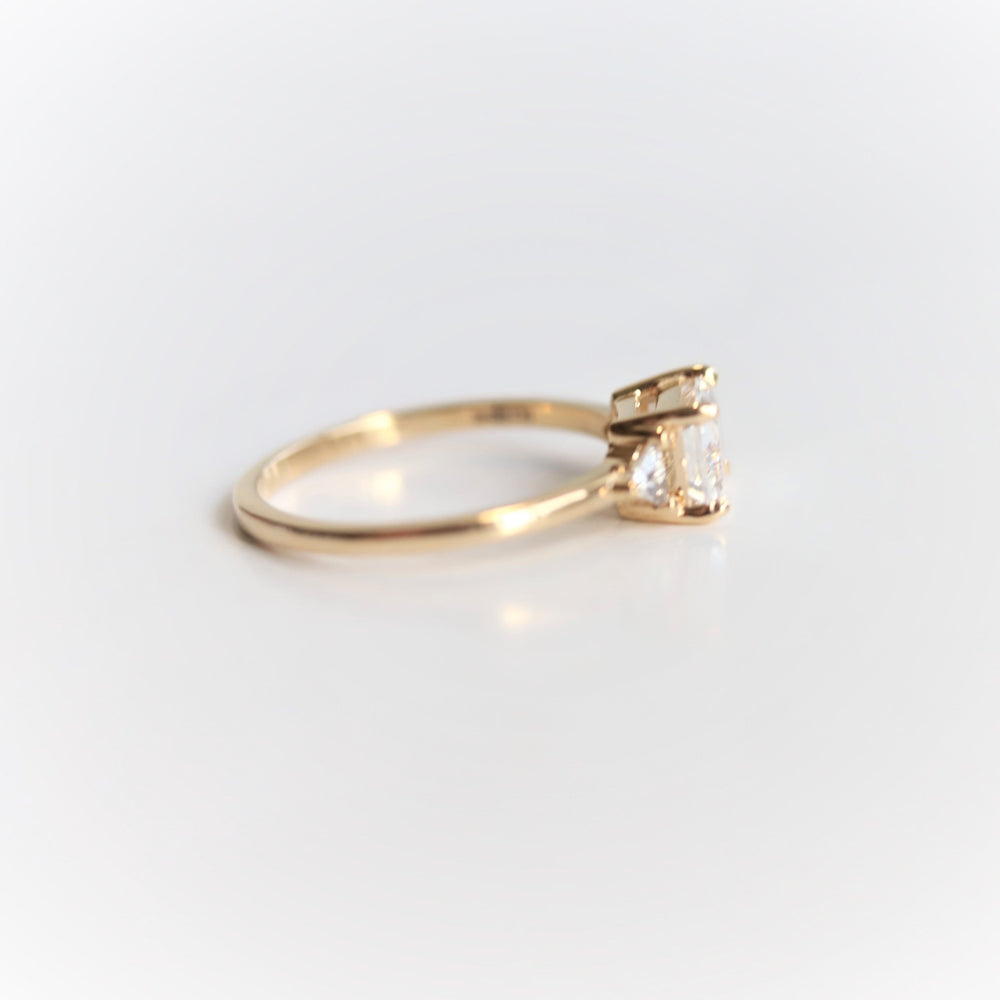 Alexis | 14K Emerald Cut Moissanite & Triangle Moissanite East West Ring - Emi Conner Jewelry 