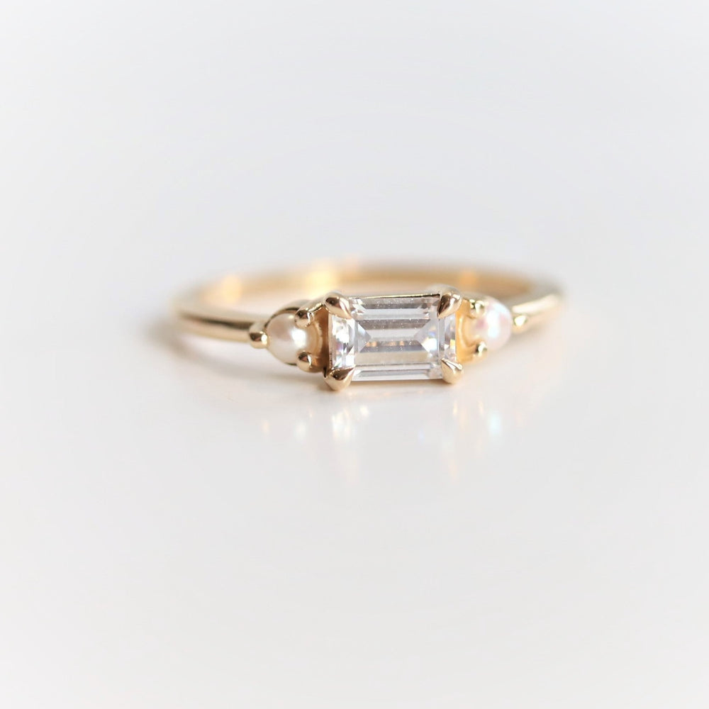 Alexis | 14K Emerald Cut Moissanite & Triangle Moissanite East West Ring - Emi Conner Jewelry 