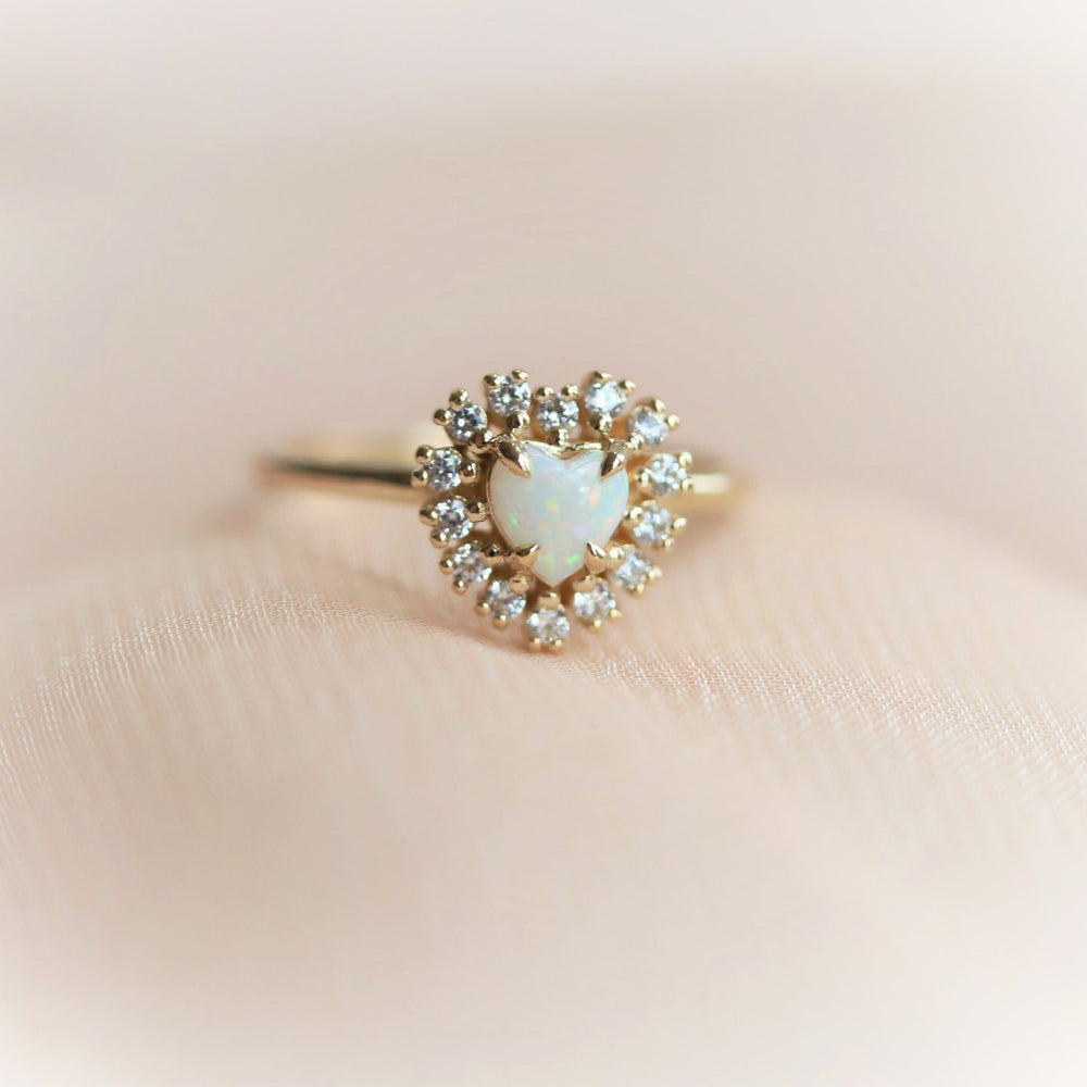 Emma | 14K Heart Australian Opal & Diamond Halo Ring - Emi Conner Jewelry 