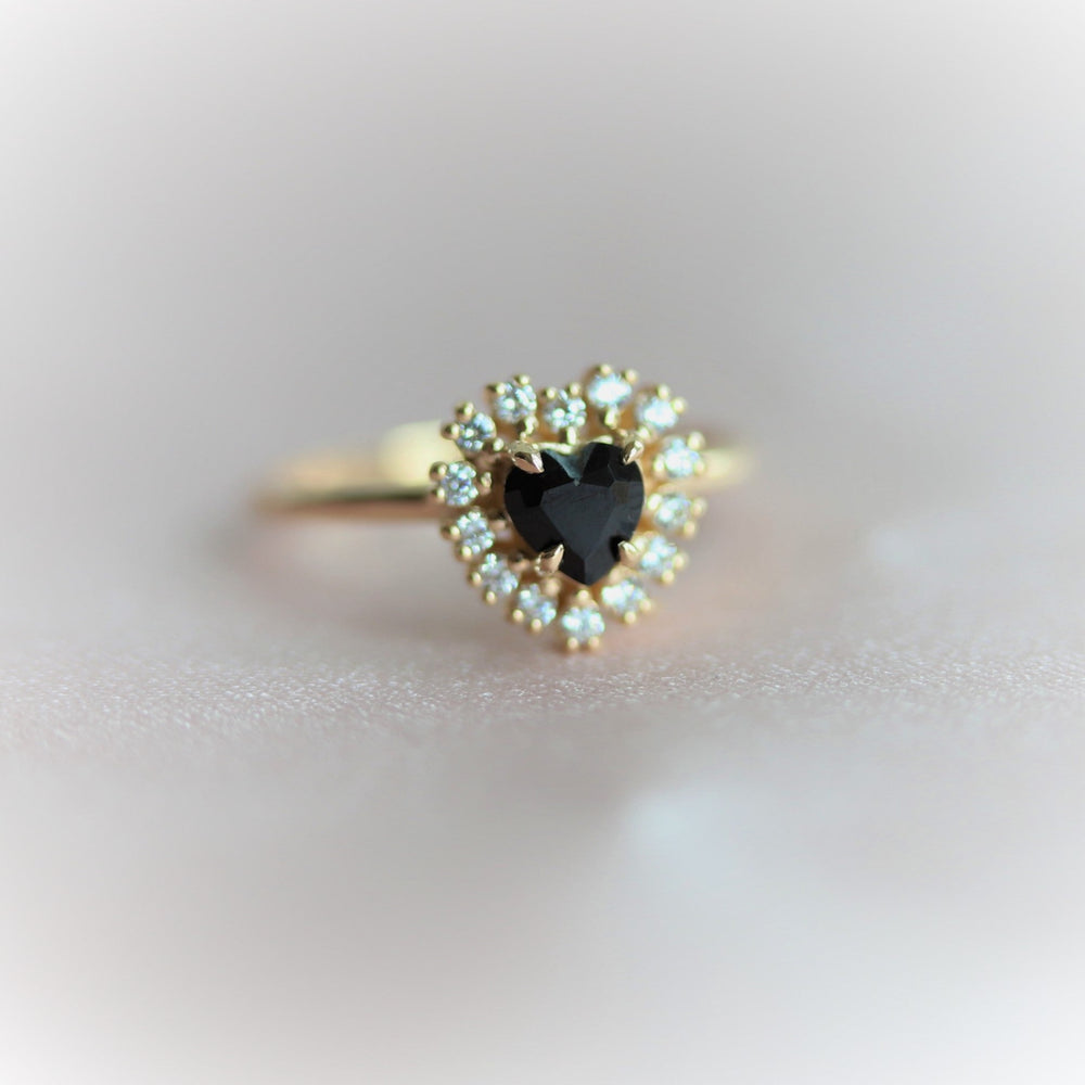 Emma | 14K Heart Black Onyx & Diamond Halo Ring - Emi Conner Jewelry 