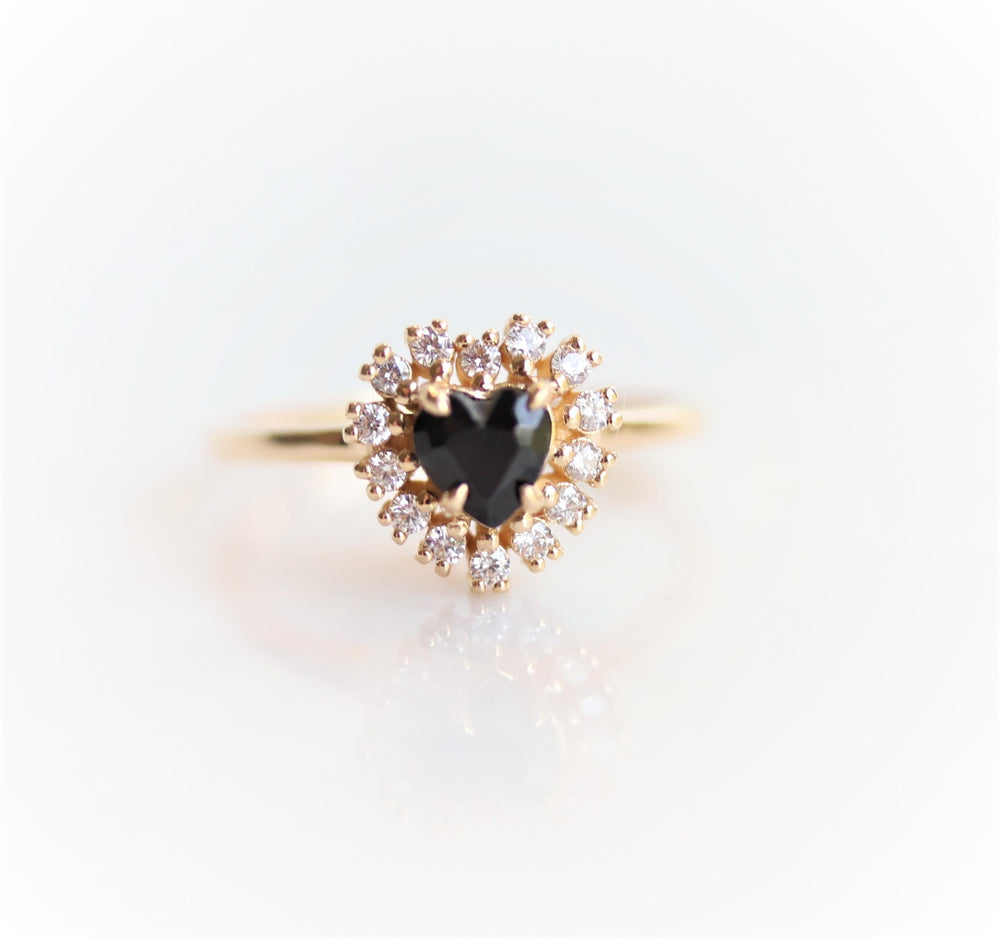 Emma | 14K Heart Black Onyx & Diamond Halo Ring - Emi Conner Jewelry 