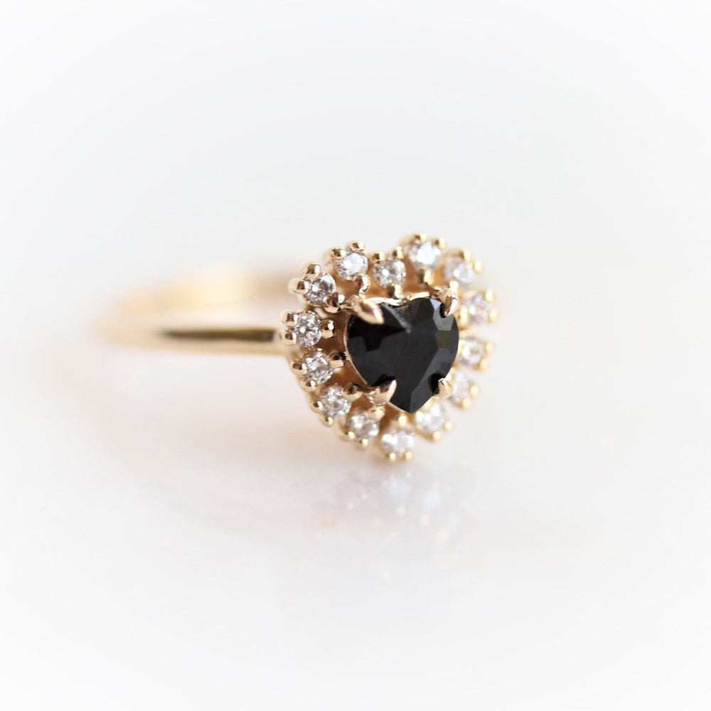 Emma | 14K Heart Black Onyx & Diamond Halo Ring - Emi Conner Jewelry 