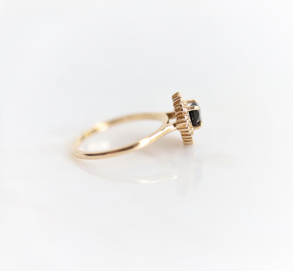 Emma | 14K Heart Black Onyx & Diamond Halo Ring - Emi Conner Jewelry 