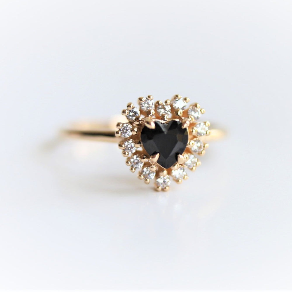 Emma | 14K Heart Black Onyx & Diamond Halo Ring - Emi Conner Jewelry 