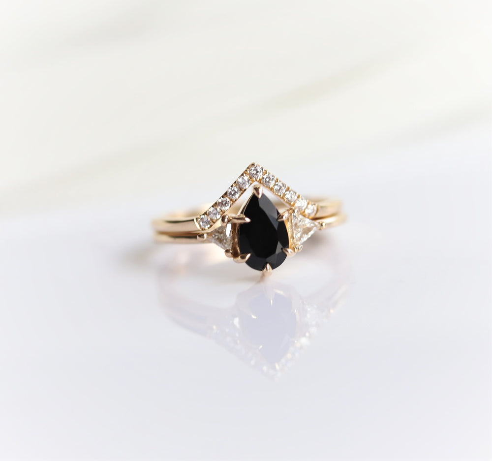 Alexis | Pear Black Onyx & Triangle Moissanite Ring - Emi Conner Jewelry 