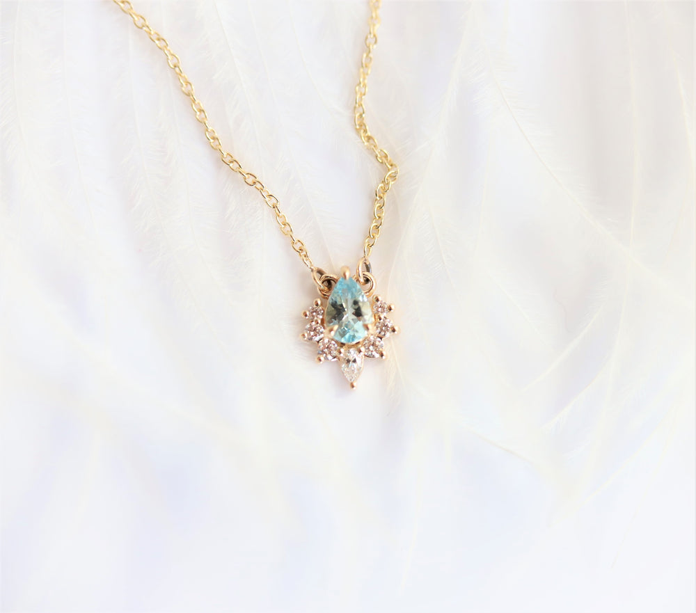 Ophelia | 14K Pear Aquamarine & Diamond Floating Crown Pendant Necklace