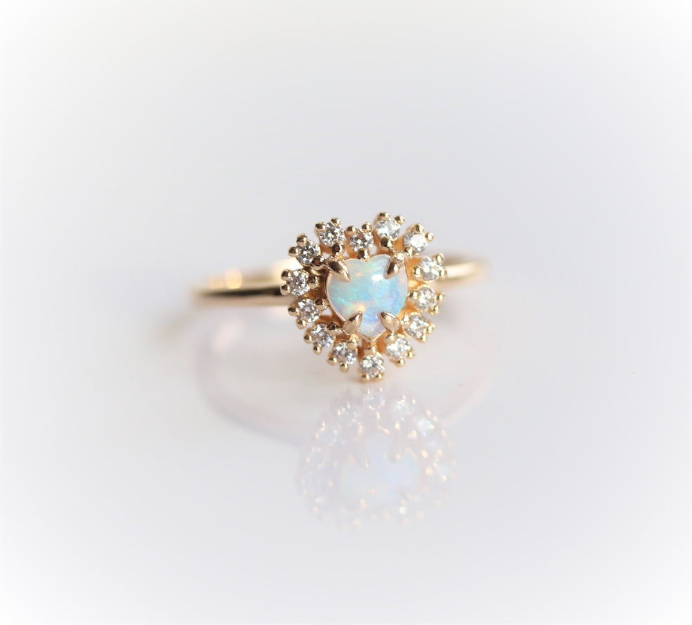 Emma | 14K Heart Australian Opal & Diamond Halo Ring - Emi Conner Jewelry 