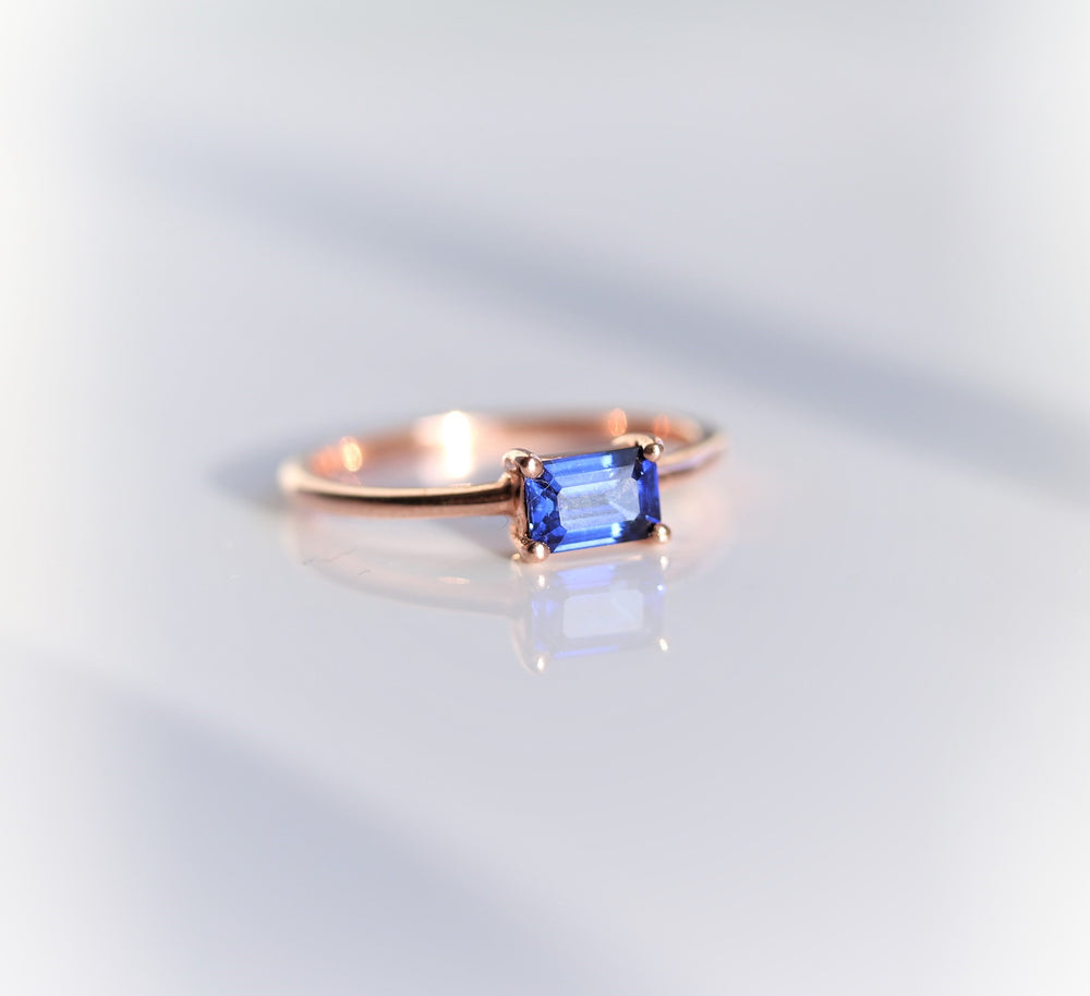EVA | 14K 0.4 ct. Emerald Cut Lab Created Blue East West Solitaire Ring - Emi Conner Jewelry 